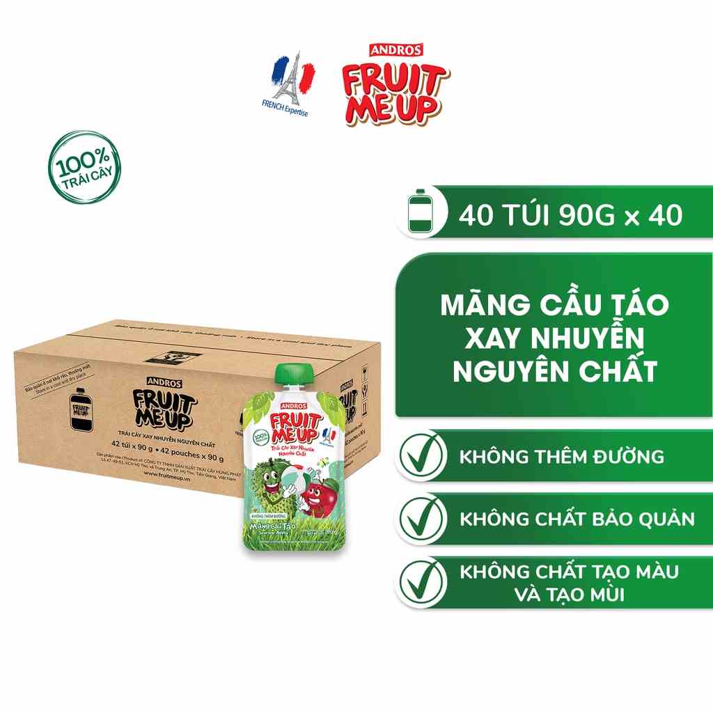 Thùng 40 Túi Trái Cây Xay Nhuyễn Vị Mãng Cầu Táo - 100% trái cây thật - ANDROS FRUIT ME UP - 90gx40