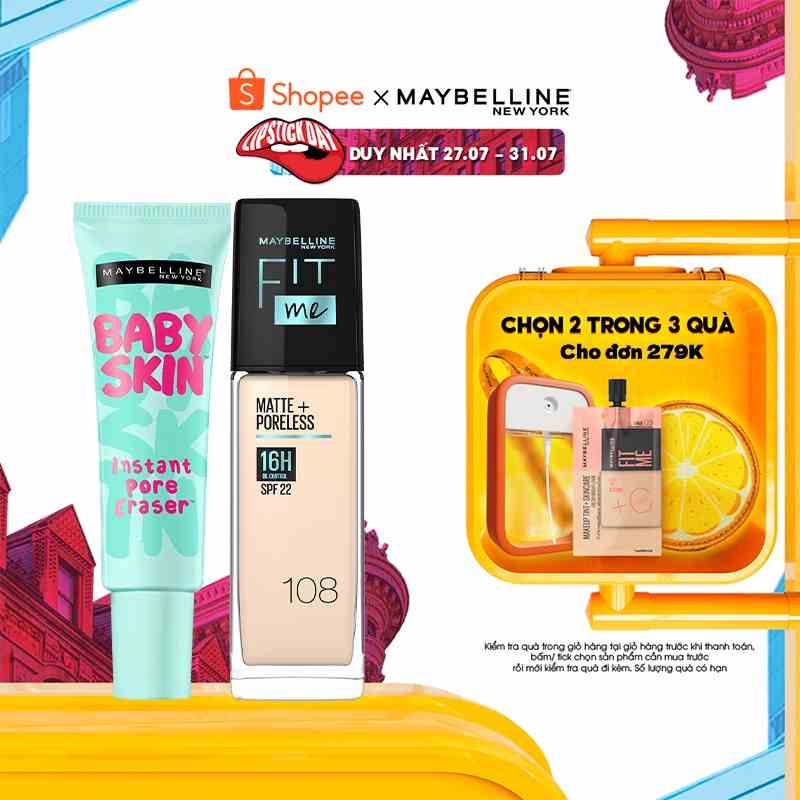 [Bộ trang điểm] Kem nền kiềm dầu chống nắng Fit Me 30ml + Kem lót mịn da Baby Skin 22ml Maybelline New York