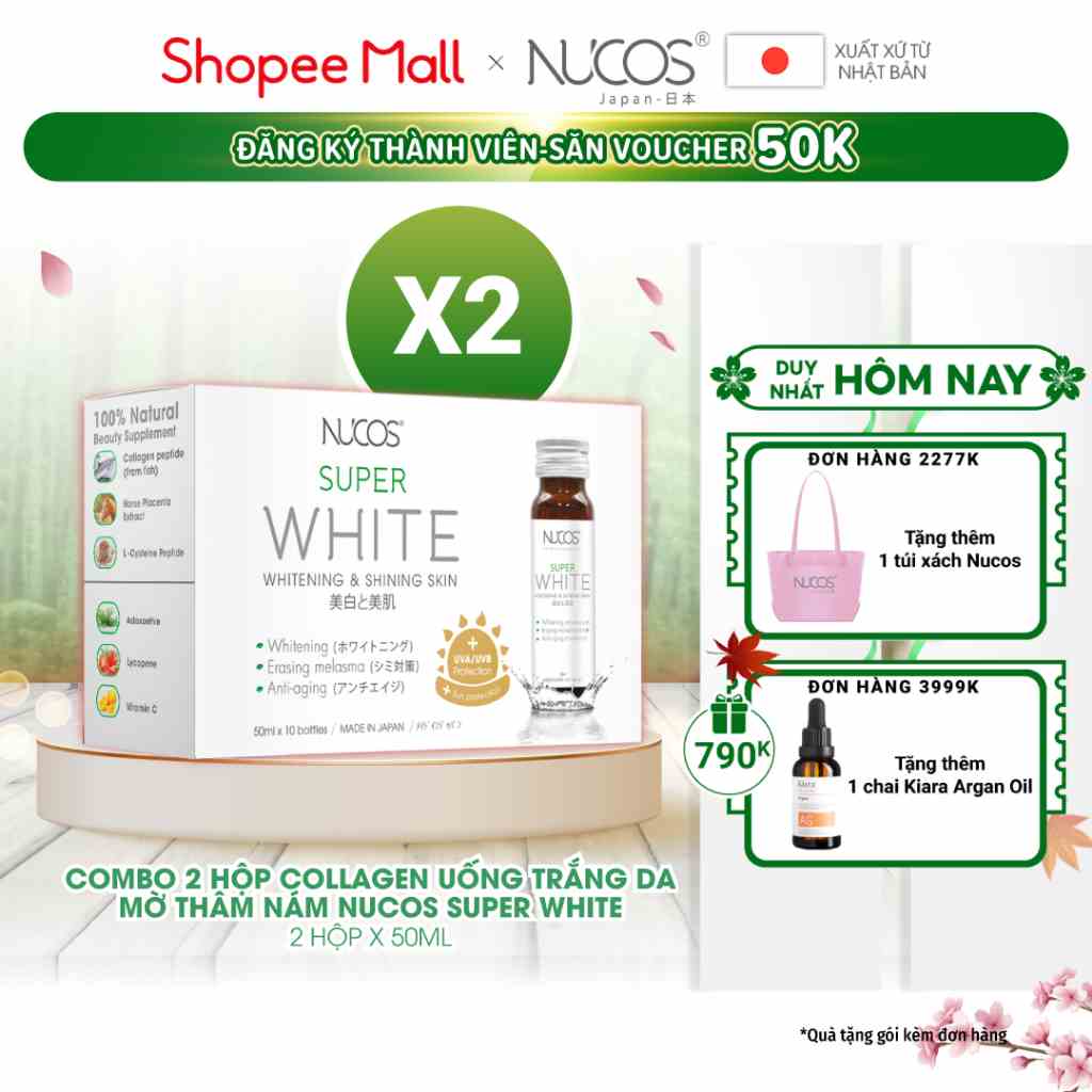 Combo 2 hộp nước uống collagen trắng da mờ thâm nám Nucos Super White 50ml x 2 x 10 chai