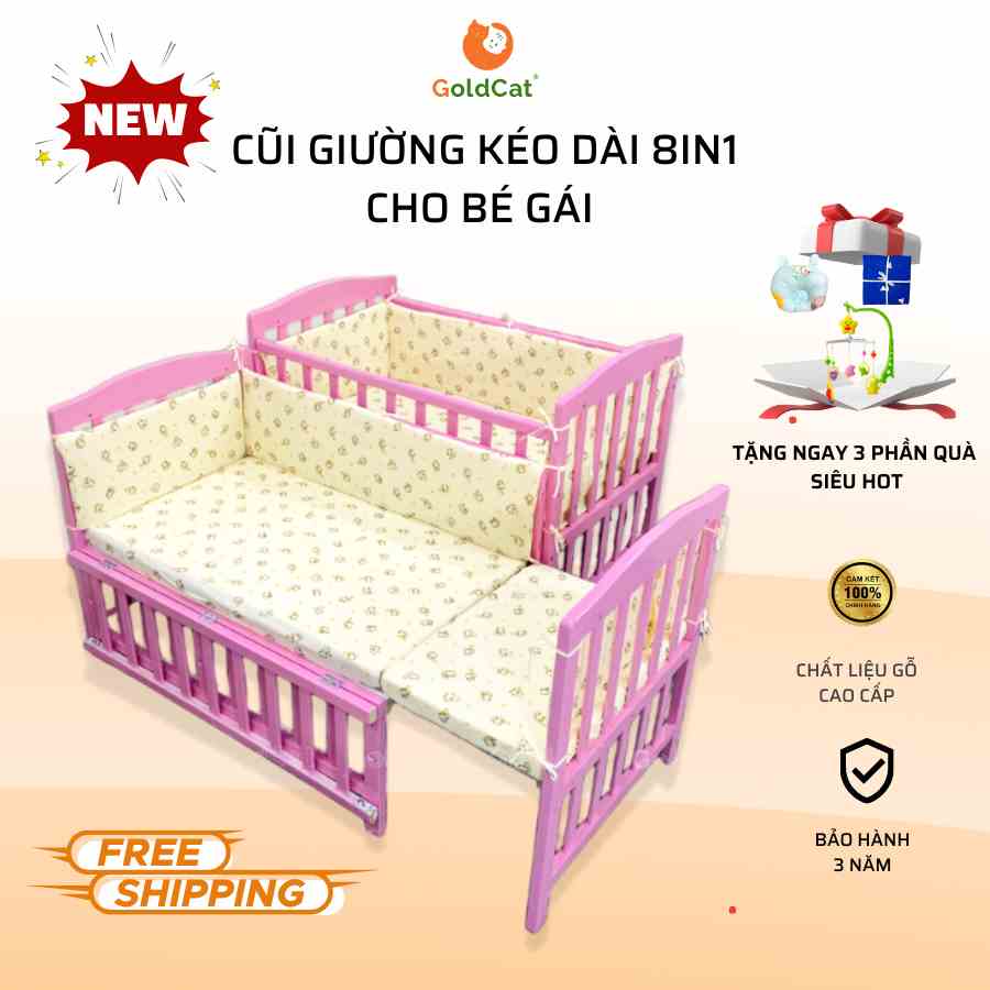 [Mã BMLTB200 giảm đến 100K đơn 499K] Cũi Giường Đa Năng Kéo Dài 8IN1 Màu Hồng, Chất Liệu Gỗ Quế Tự Nhiên, Bảo Hành 3 Năm