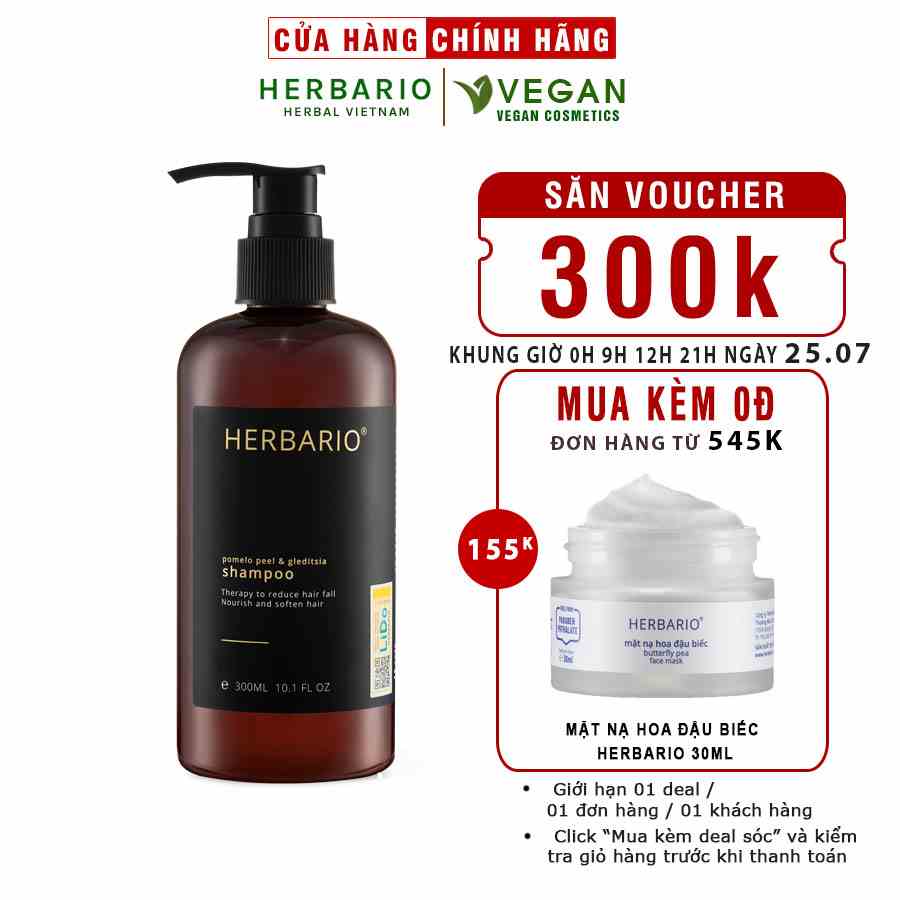 Dầu gội vỏ bưởi và bồ kết HERBARIO 300ml giảm rụng tóc, phục hồi tóc