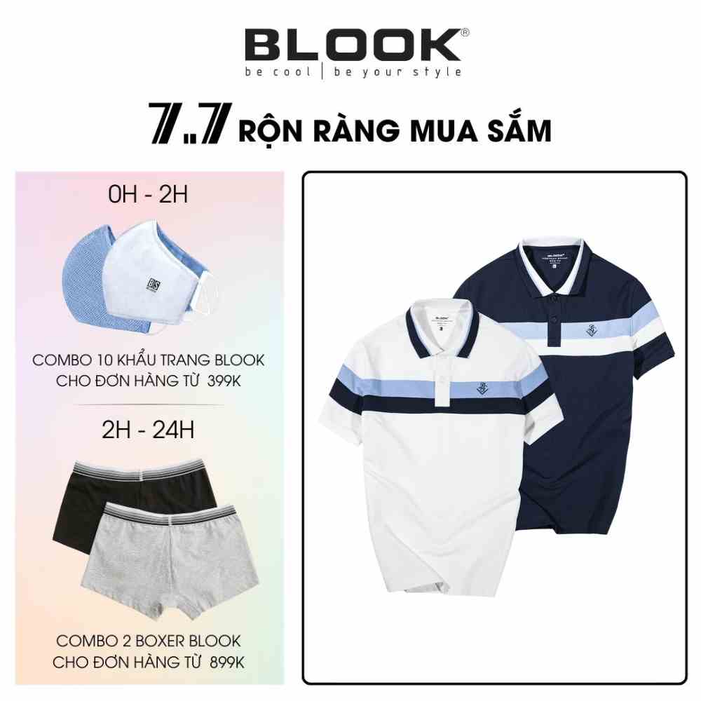 Áo polo nam BLOOK cổ bẻ vải thun cá sấu cotton phối sọc phá cách thêu BS, xuất xịn, trẻ trung, thanh lịch mã 35521