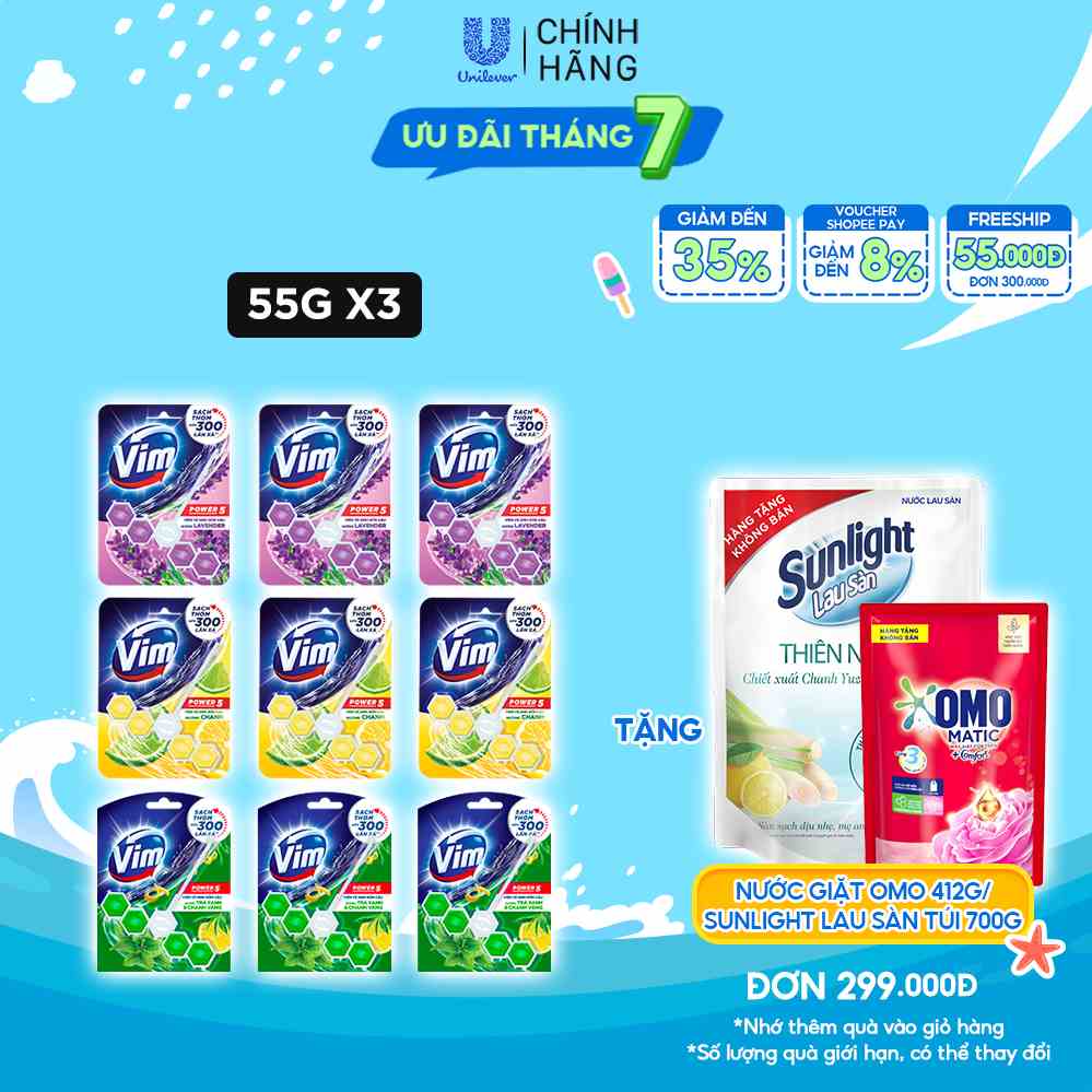 Combo 3 Viên Tẩy Bồn Cầu Vim Power 5 Sạch Khuẩn Thơm Mát (55g/viên)