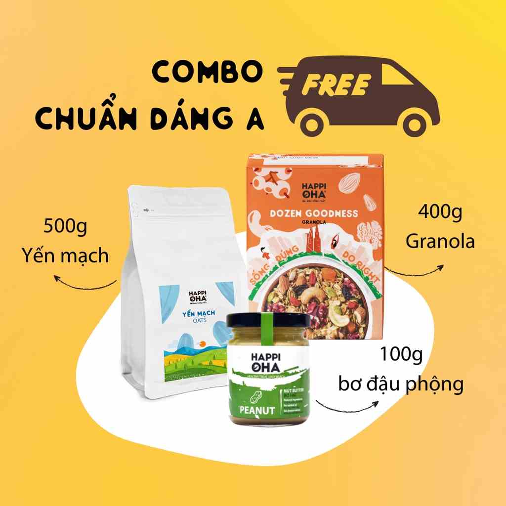 [Combo Chuẩn Dáng] Granola Ăn Kiêng Siêu Hạt 400g + Yến Mạch Ăn Kiêng 500g + Bơ đậu phộng 100g HAPPI OHA