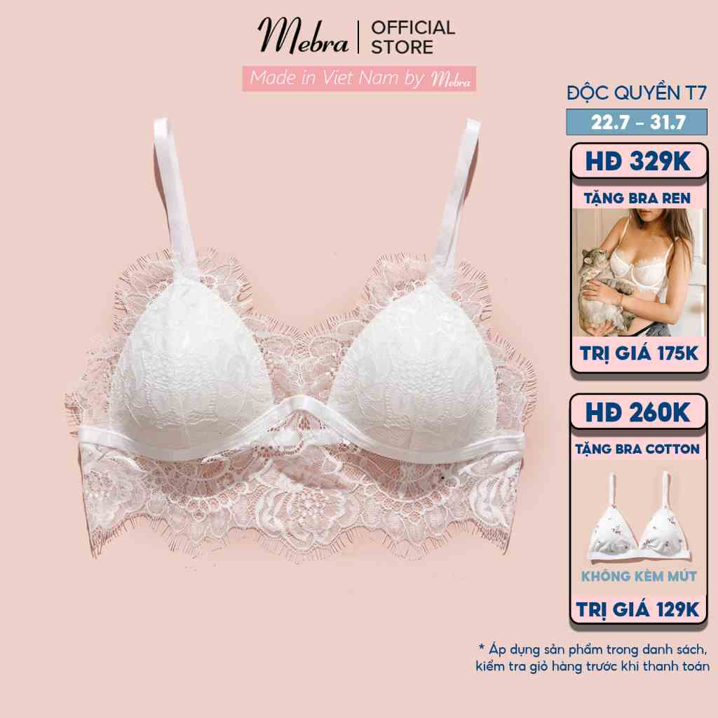 Áo Bralette không gọng mút mỏng kết hợp chân ren sexy, gợi cảm, sang trọng ren hoa trắng lông mi Mebra A037