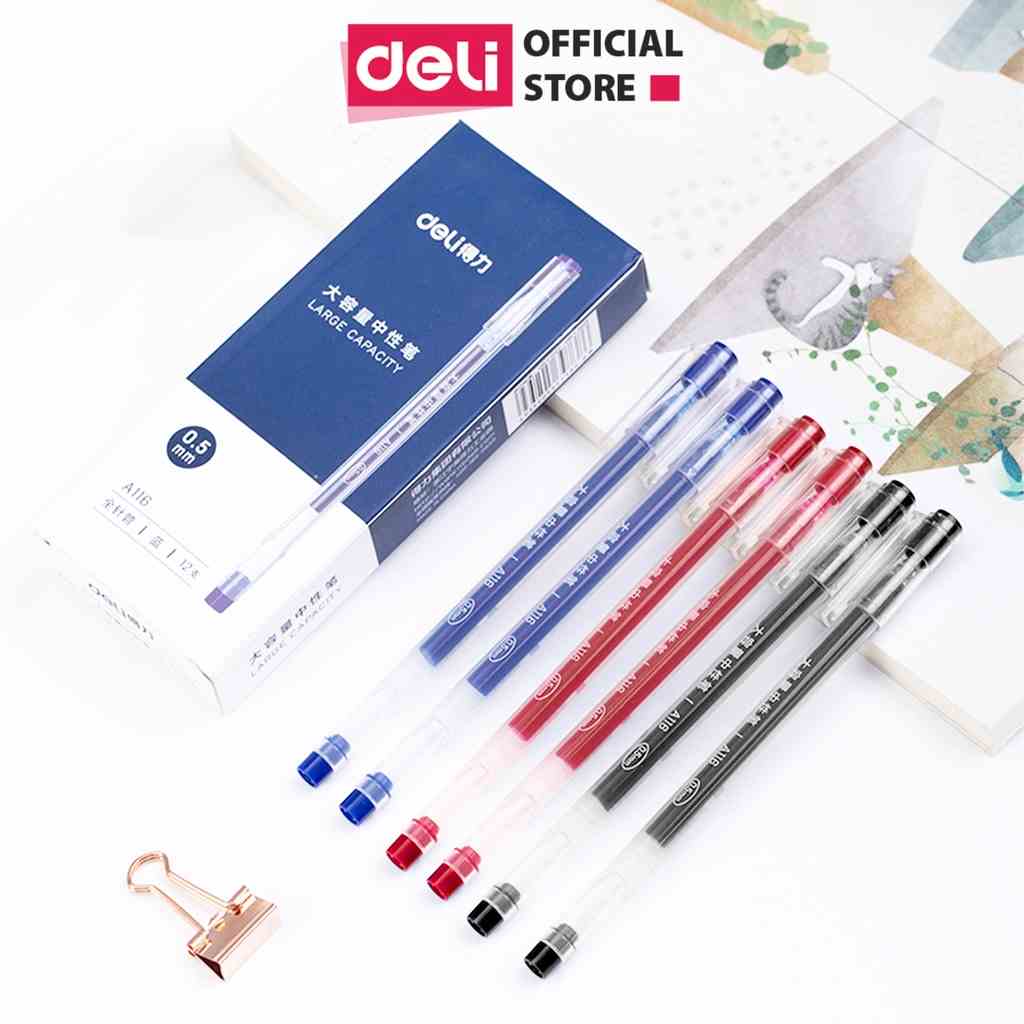 Bút gel mực nước văn phòng 0.5mm Deli ba màu xanh đen đỏ nhanh khô viết đều trơn tru lâu hết mực chất lượng cao A116