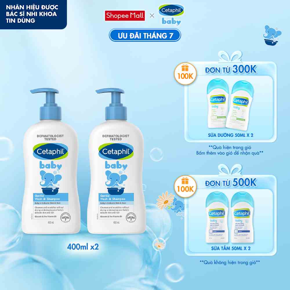 Combo 2 Sữa tắm gội dịu lành cho bé Cetaphil Baby Gentle Wash & Shampoo 400ml/chai