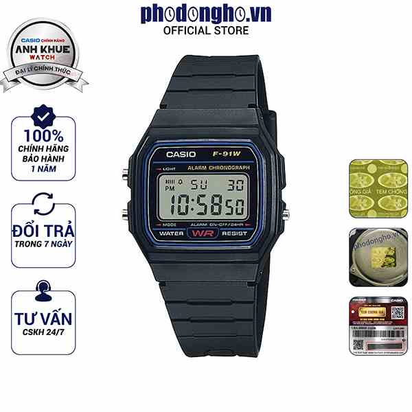 Đồng hồ nam dây nhựa huyền thoại Casio chính hãng Anh Khuê F-91 F-91W-1DG