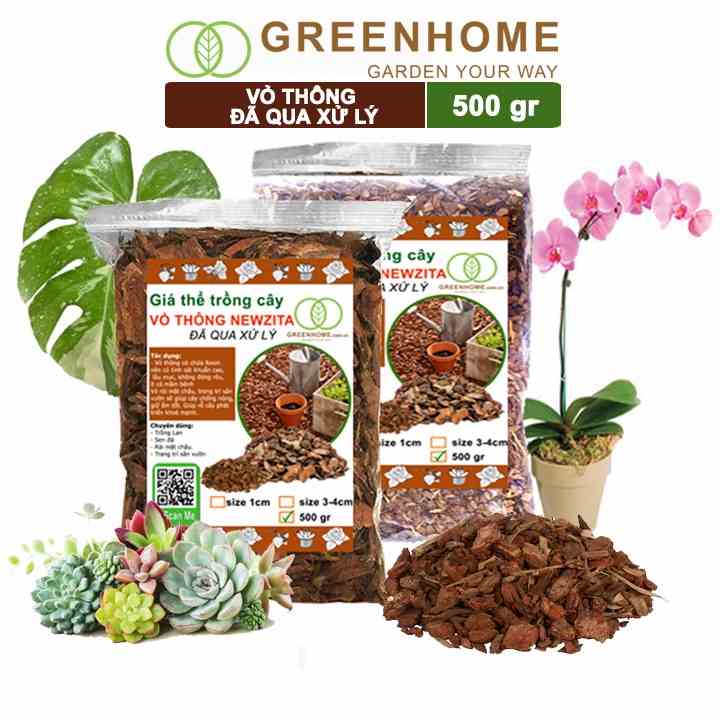 Vỏ thông newzita, Greenhome, bao 500gr, nhiều size, đã qua xử lý, trồng lan, kiểng lá, rãi bề mặt chậu cây