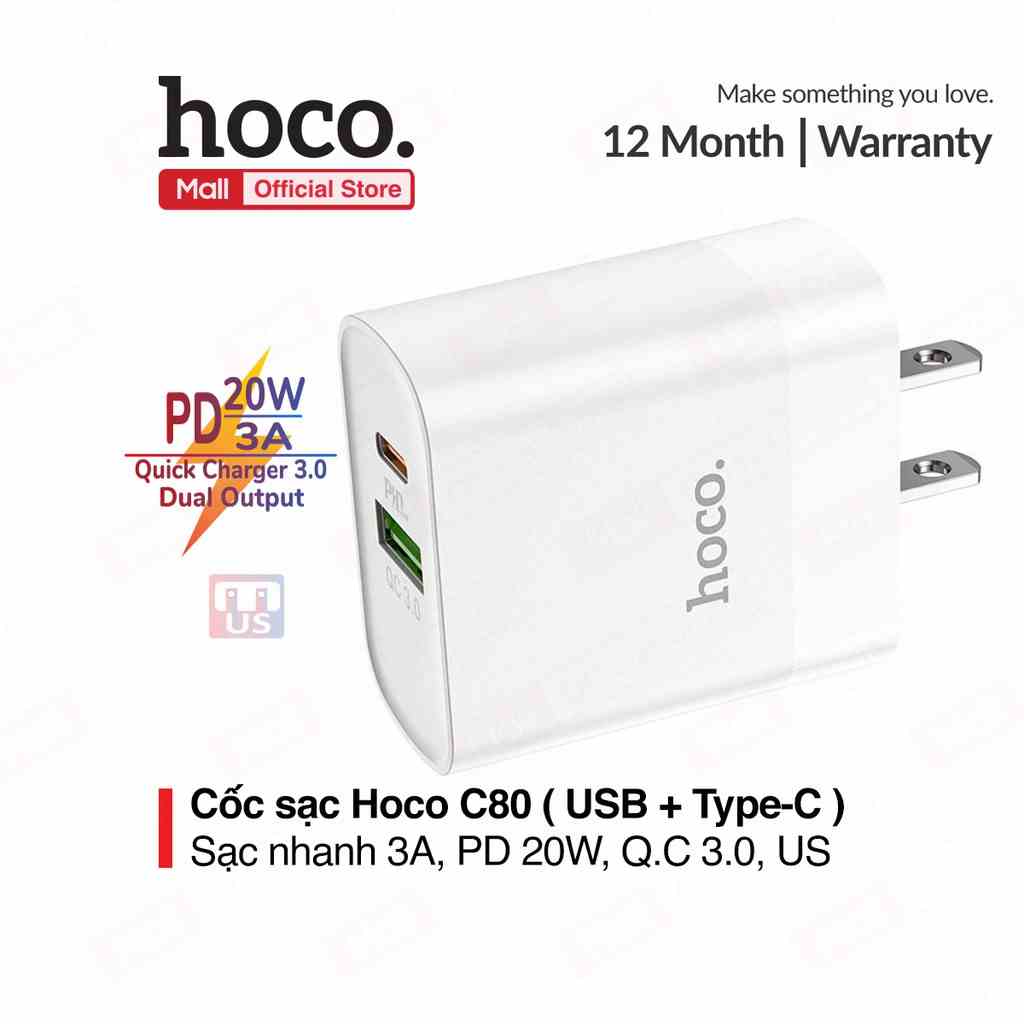 Củ sạc PD 20W Hoco C80 2 cổng ( USB + Type-C ) sạc nhanh tối đa 3A, Q.C 3.0, tương thích nhiều thiết bị, tiện lợi ( US )