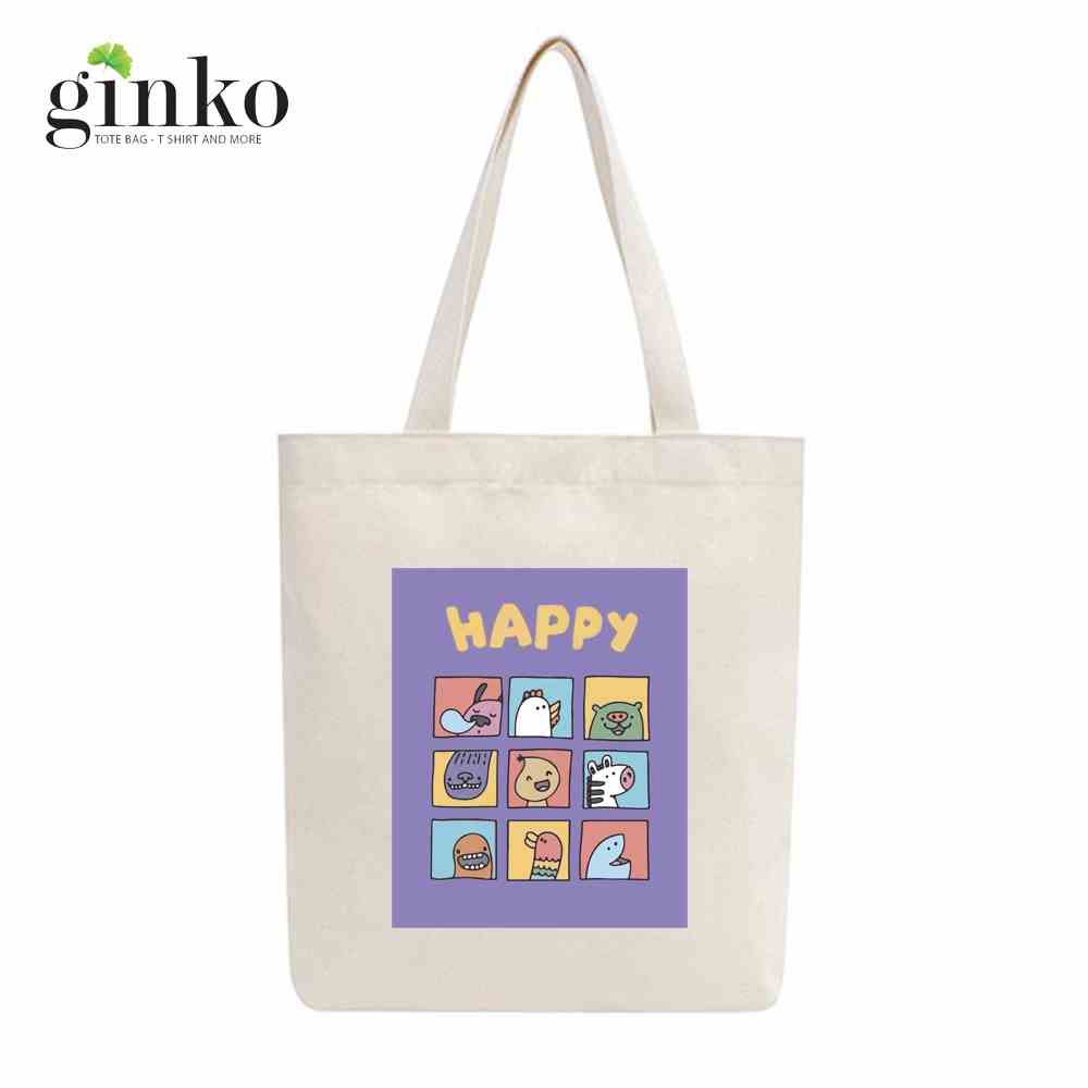 Túi Tote vải mộc GINKO Kiểu Basic Có  Dây Kéo Khóa ( có túi con bên trong) In Hình Cartoon M86