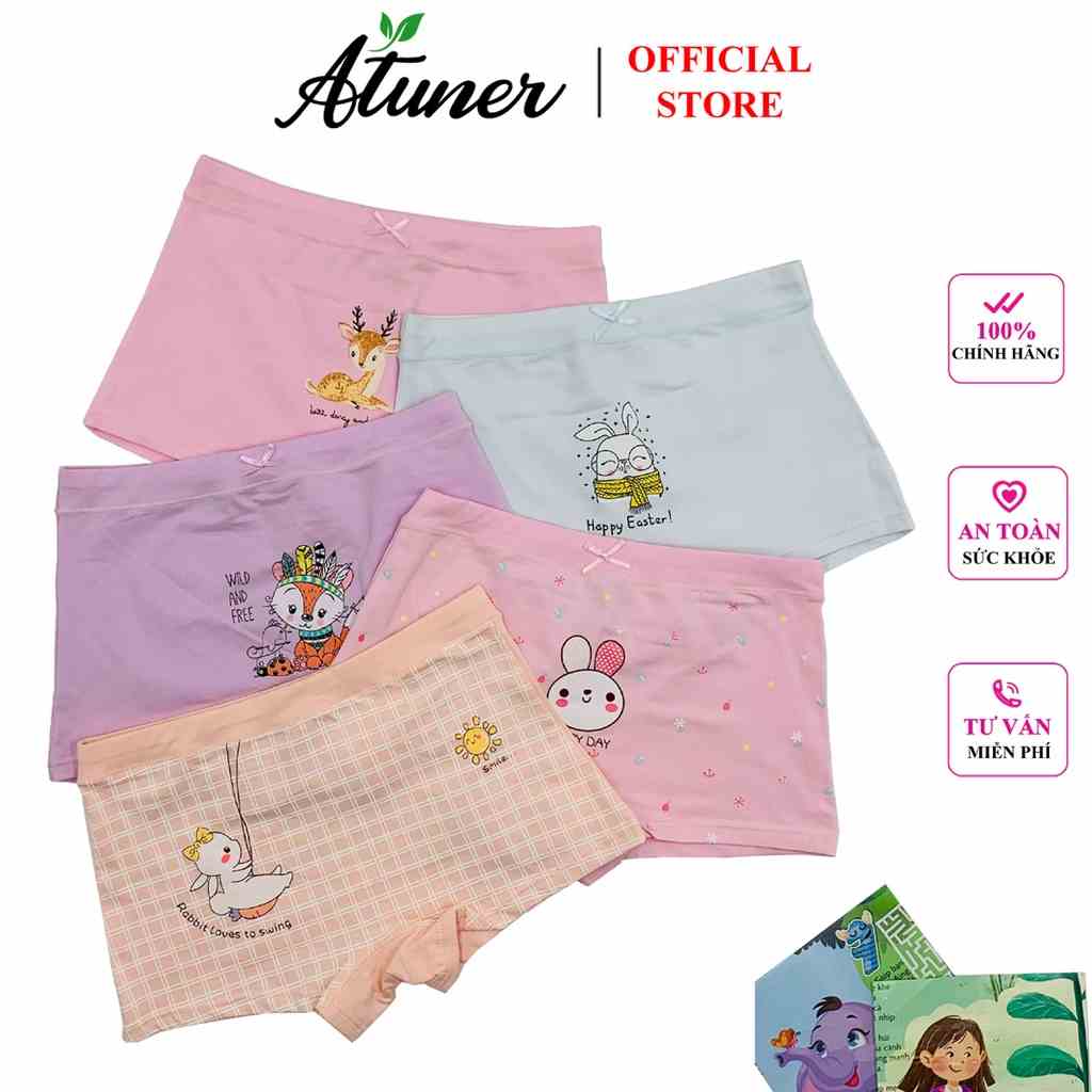 Combo 5 quần lót bé gái ATUNER QLG023, chip đùi cho bé 3-10 tuổi, vải Cotton kháng khuẩn, thoáng mát, họa tiết đáng yêu