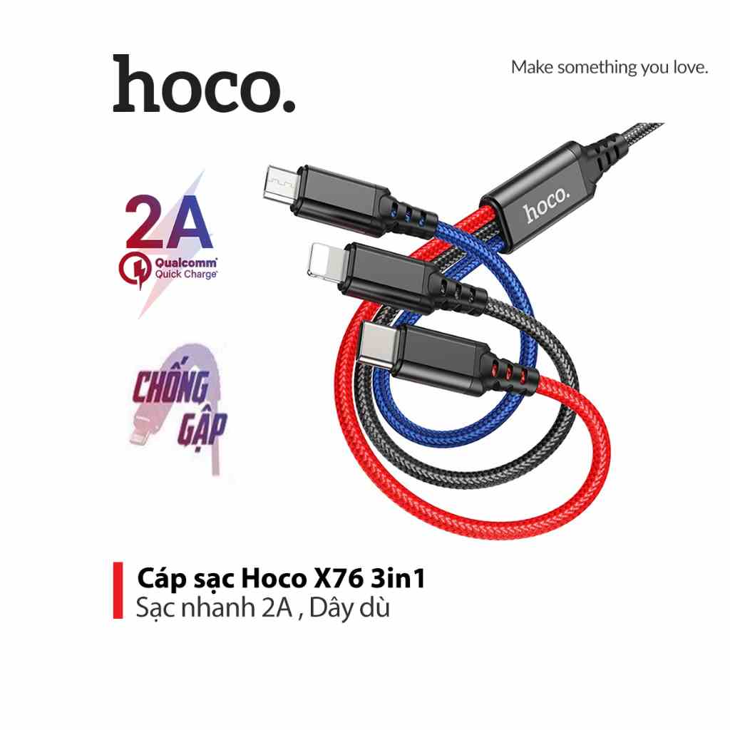 [Mã BMLTA35 giảm đến 35K đơn 99K] Cáp sạc 2A Hoco X76 3in1 dây dù siêu bền dài 1M cho Smartphone