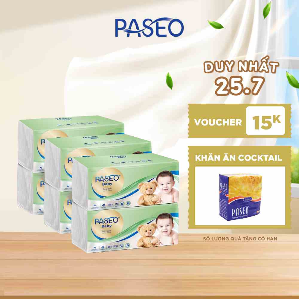 Combo 6 gói khăn giấy rút cao cấp Paseo baby siêu mềm mịn an toàn cho em bé (130 tờ 3 lớp)/gói