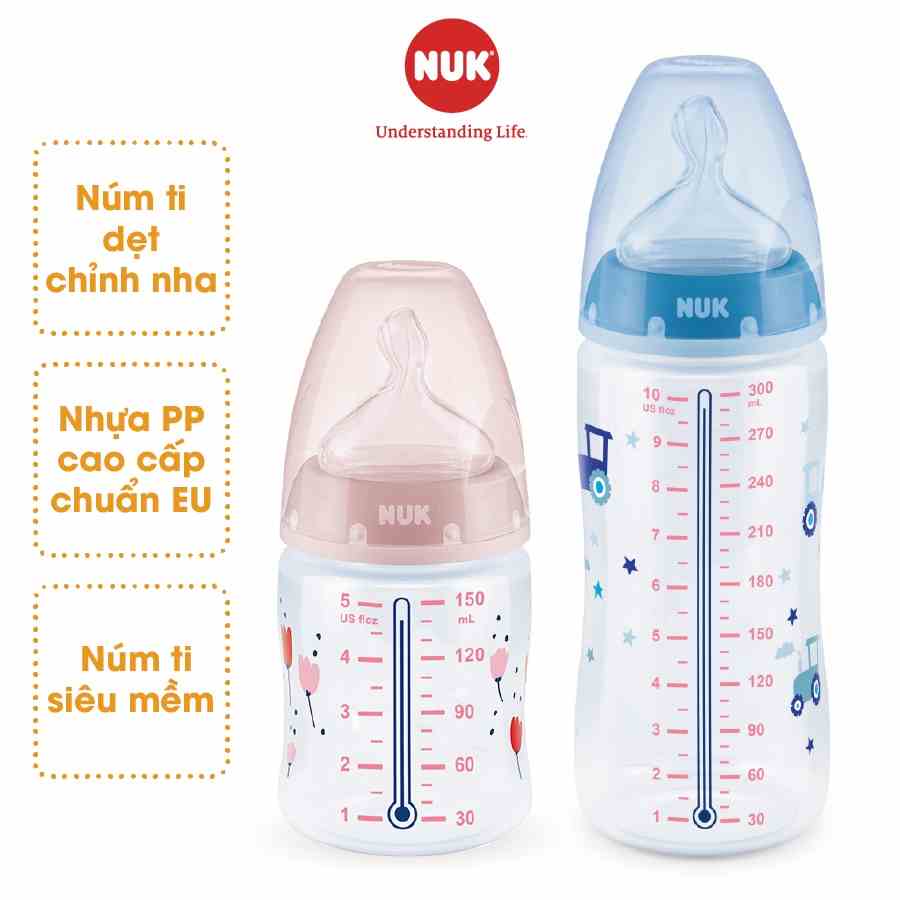 Bình sữa cảm biến nhiệt NUK nhựa PP cao cấp chuẩn EU núm ti silicone chỉnh nha 150ml, 300ml