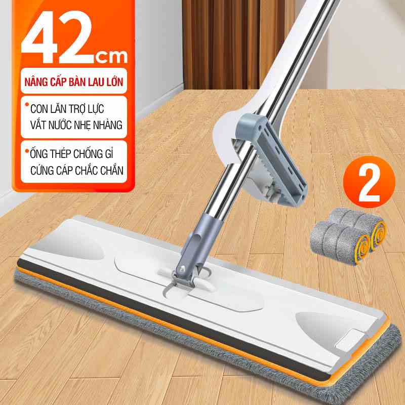 Cây lau nhà tự vắt Kitimop-X bàn lau lớn 42cm, con lăn trợ lực, thanh thép chống gỉ, bảo hành 12 tháng, 2 miếng lau