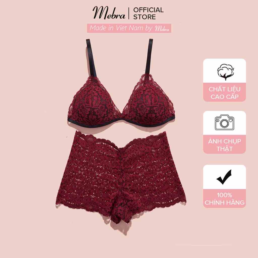 Set đồ lót bralette nữ ren hoa đỏ đô quần đùi boxer không gọng mút mỏng thương hiệu Mebra A092