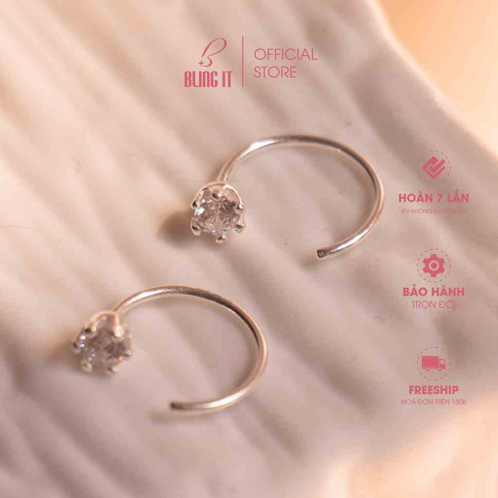 Khuyên tai bạc nữ 925 có bảo hành Bling It kiểu dáng mới lạ với thiết kế khoen đính đá bạc BIBT483