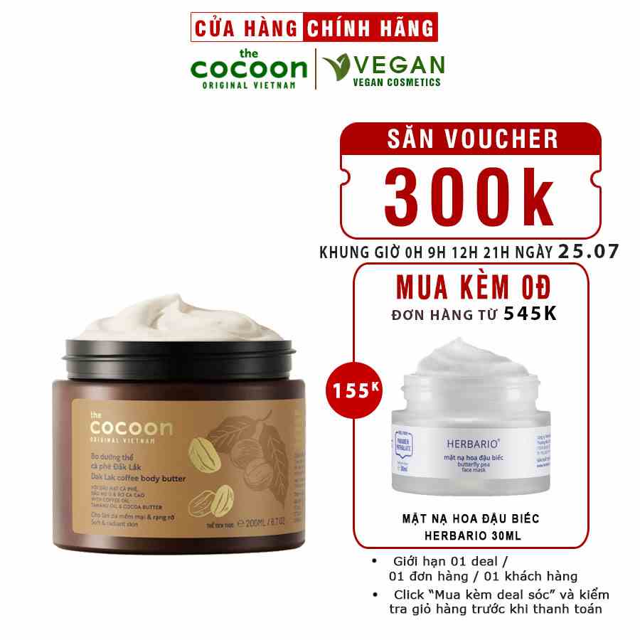 Bơ dưỡng thể cà phê đắk lắk cocoon 200ml thuần chay