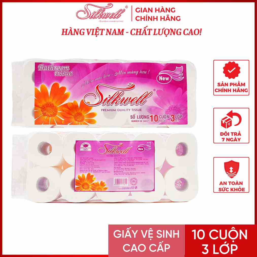 Giấy vệ sinh Silkwell Tím 10 cuộn 3 lớp có lõi cao cấp siêu mềm mịn không tẩy trắng hàng chính hãng