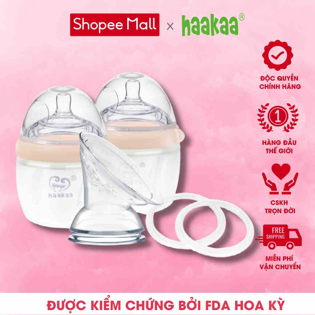 Bộ 2 Bình sữa silicone Gen.3 160ml Haakaa | Kèm Phễu sữa và nắp đậy bình sữa