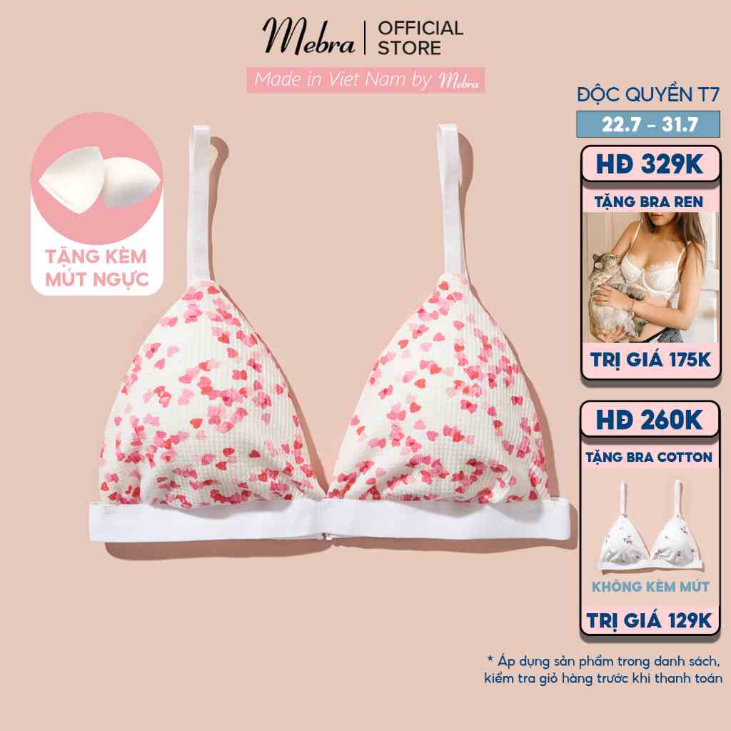 Áo ngực bra cotton nữ không gọng không đệm trái tim tặng mút mặc cùng kháng khuẩn thoáng khí cao cấp Mebra A005B