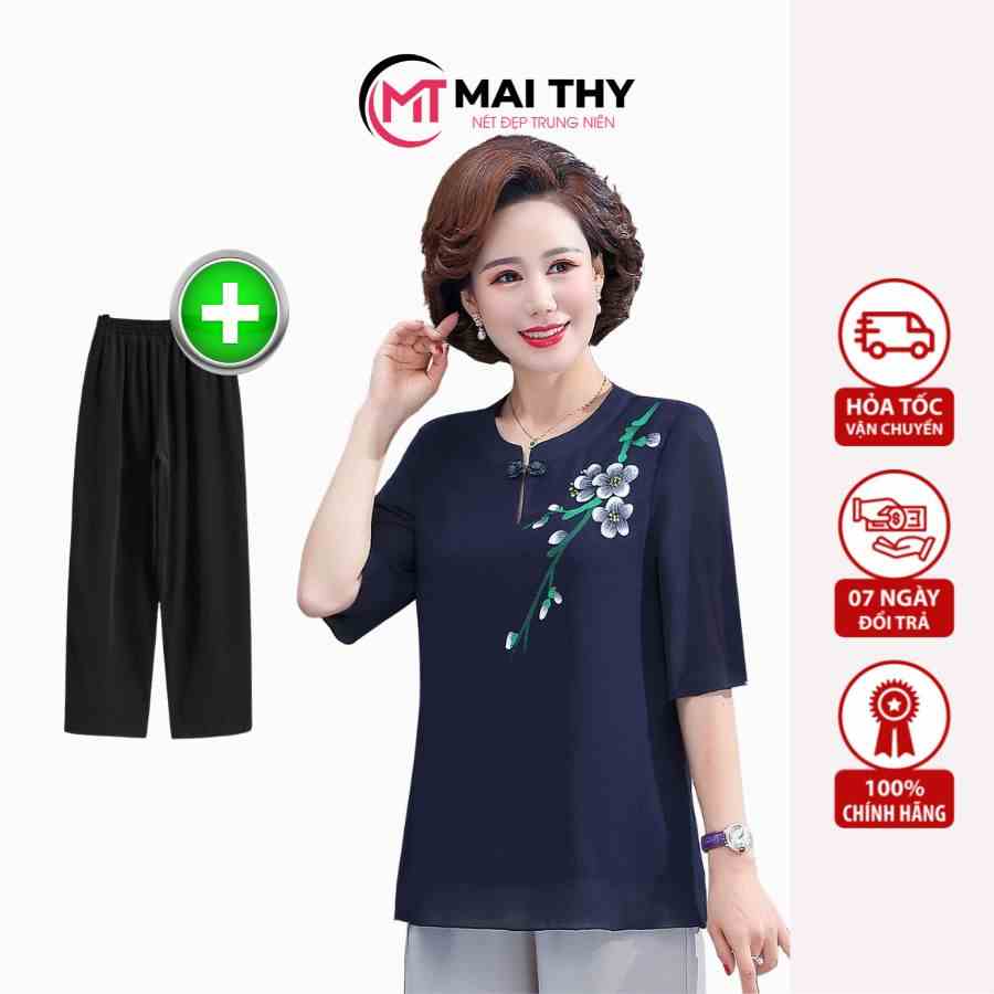 Bộ Trung Niên Cho Mẹ MAI THY S771, Set Đồ Cho Mẹ Trung Niên Áo Cổ Tàu Thêu Hoa Mai Quần Thun Mát Mẻ | Thời Trang Nữ U50