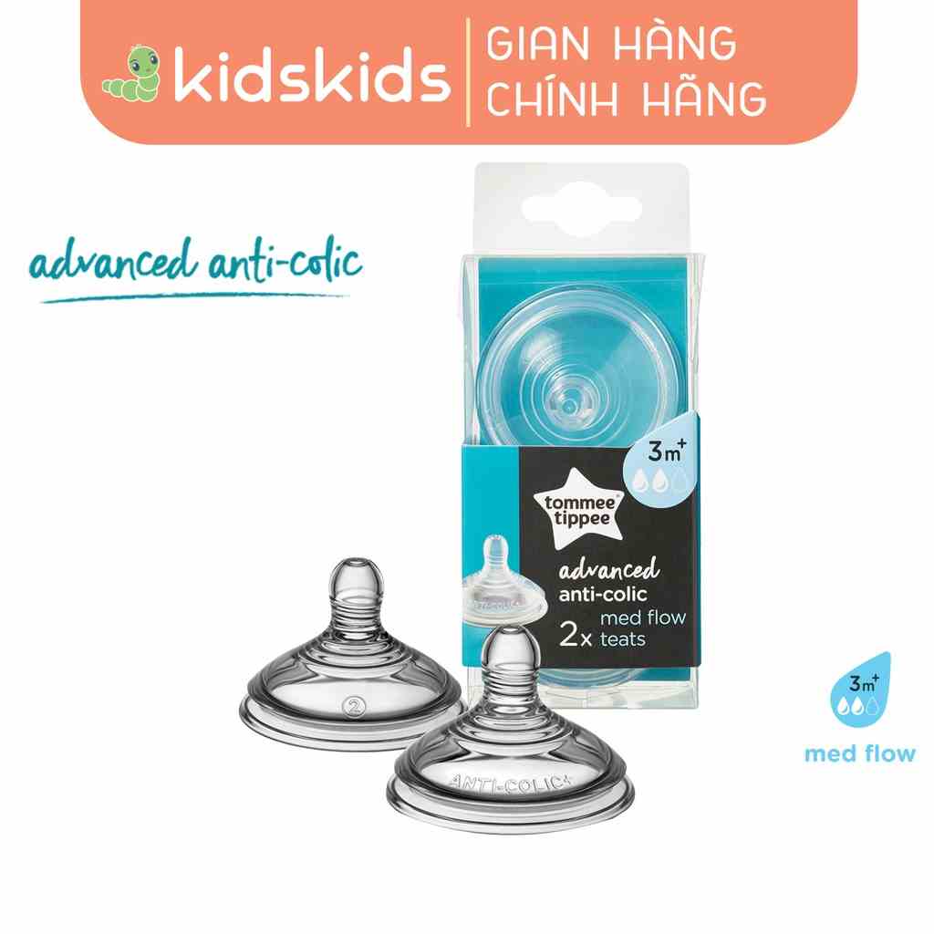 Núm ty silicon thay bình sữa Tommee Tippee Advanced Anti-Colic Medium Flow từ 3-6 tháng (vỉ đôi)