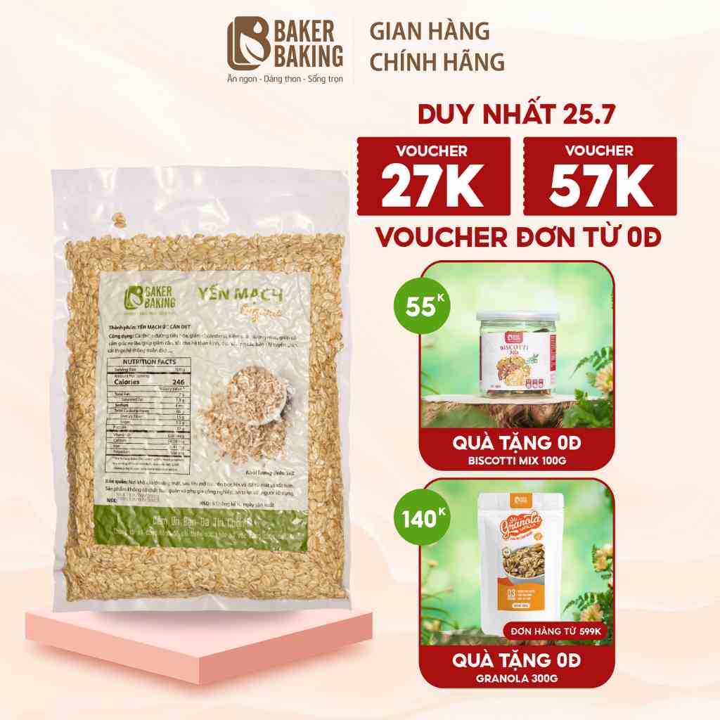 [Mã BMLTB200 giảm đến 100K đơn 499K] Yến mạch cán dẹt dinh dưỡng Baker Baking không đường hỗ trợ giảm cân, ăn kiêng 1kg