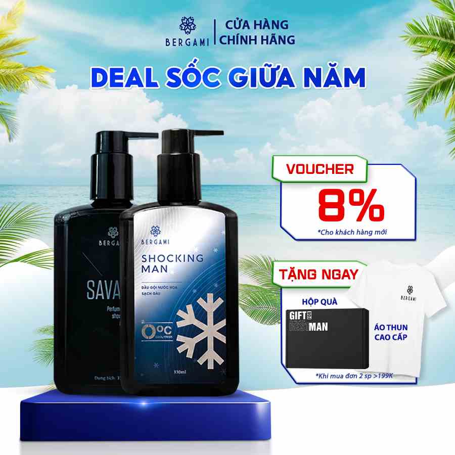 Combo Sữa Tắm và Dầu Gội Nam Hương Nước Hoa Bergami Shocking Man, Sạch Khuẩn, Ngừa Gàu, Lưu Hương 6H 330ml/chai