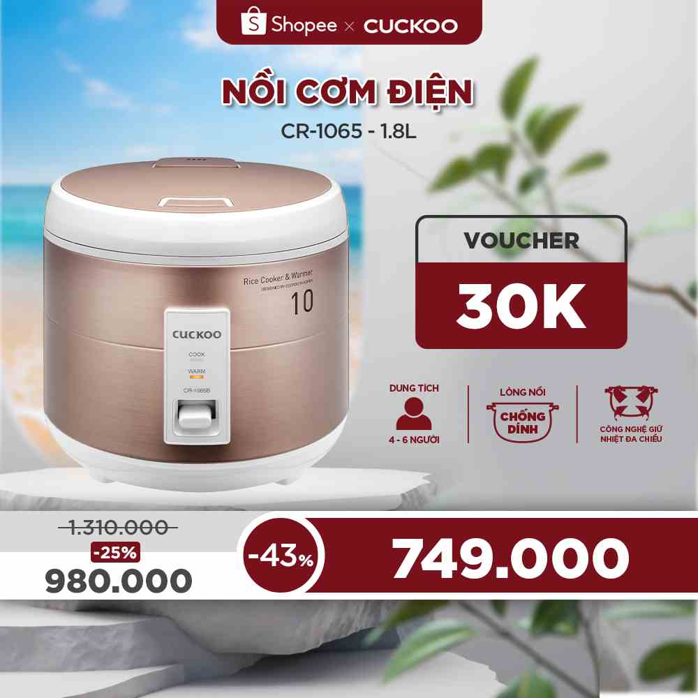 [Mã ELHACE01 giảm 12% đơn 300K] Nồi cơm điện CUCKOO 1,8 lít CR-1065 (màu trắng nâu/trắng đỏ)- Hàng chính hãng