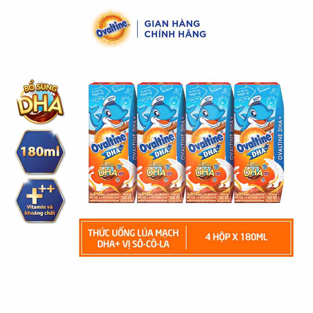 [Mã BMLTB35 giảm đến 35K đơn 99K] Thức uống lúa mạch hương vị sô-cô-la Ovaltine DHA+ (180ml x 4)