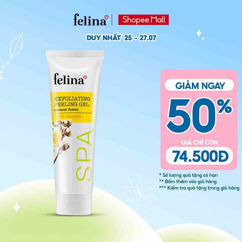 Gel tắm tẩy tế bào chết Felina Home Spa dạng gel kỳ 300ml từ sợi bông vải chiết xuất Cam Yuzu cho da sáng mịn