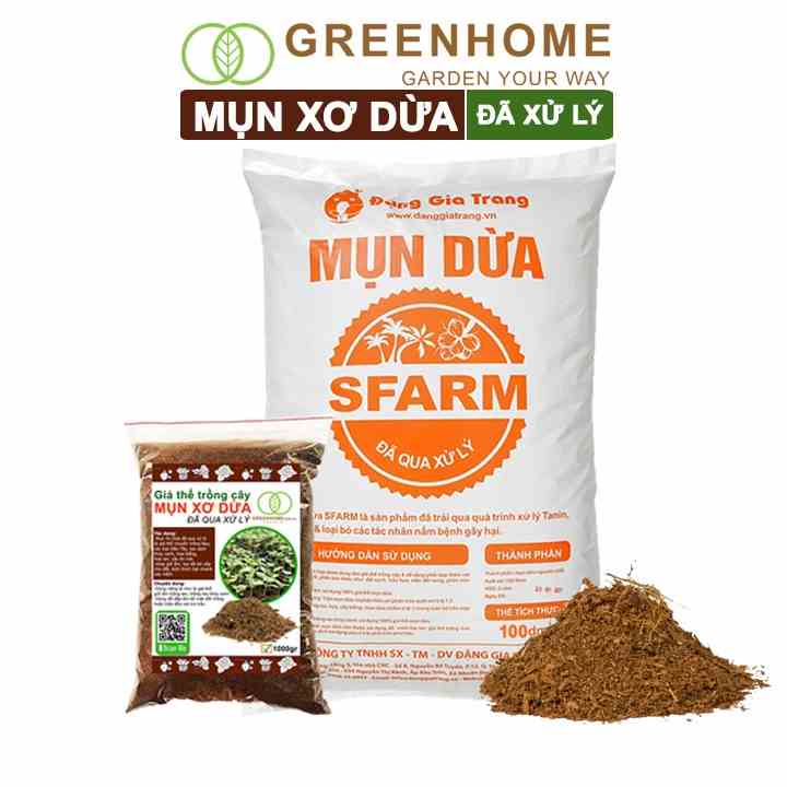 Mụn xơ dừa đã qua xử lý sfarm Greenhome, bao 1kg, chuyên trồng rau, hoa màu, dâu tây, cây ăn trái, thủy canh