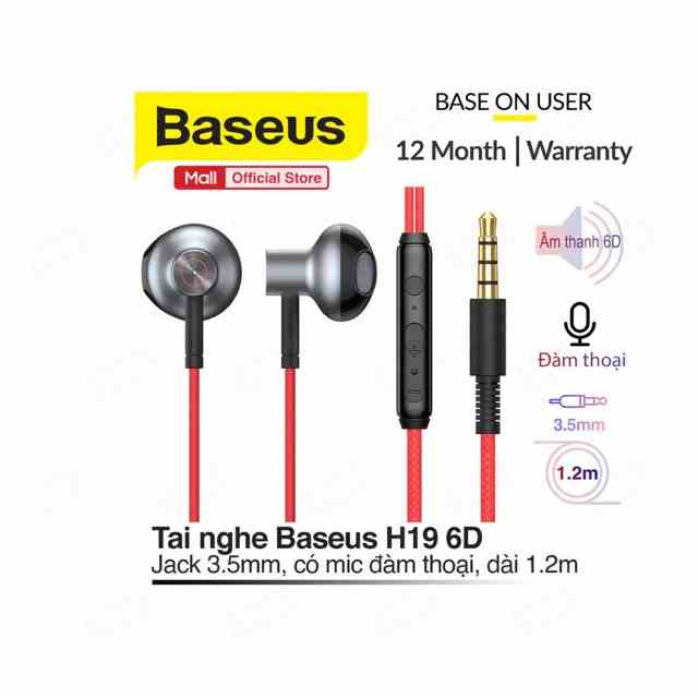 Tai nghe nhét tai Baseus H19 âm thanh 6D, cổng cắm 3.5mm, mic đàm thoại, phím tắt chỉnh âm lượng, nhựa ABS, dài 120cm