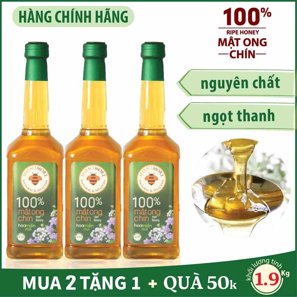 Set 2 chai tặng 1 chai cùng loại: Mật ong nguyên chất Hoa Miền Núi Honimore 630g -100% mật ong rừng nguyên chất