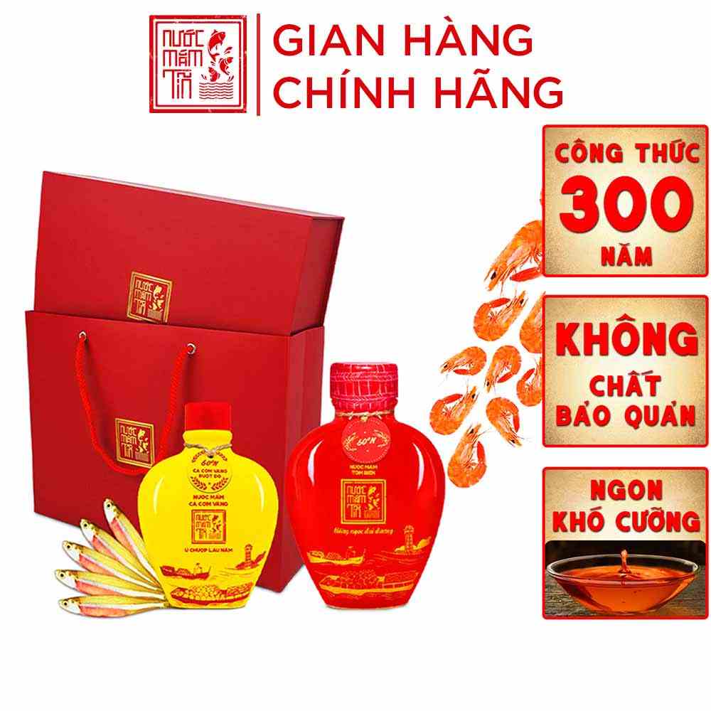 Hộp Quà Đậm Đà Tình Thân Nước Mắm Tĩn Tôm Biển 60N 500ml/Tĩn Và Nước Mắm Tĩn Cá Cơm Vàng Ruột Đỏ 250 ml/Tĩn