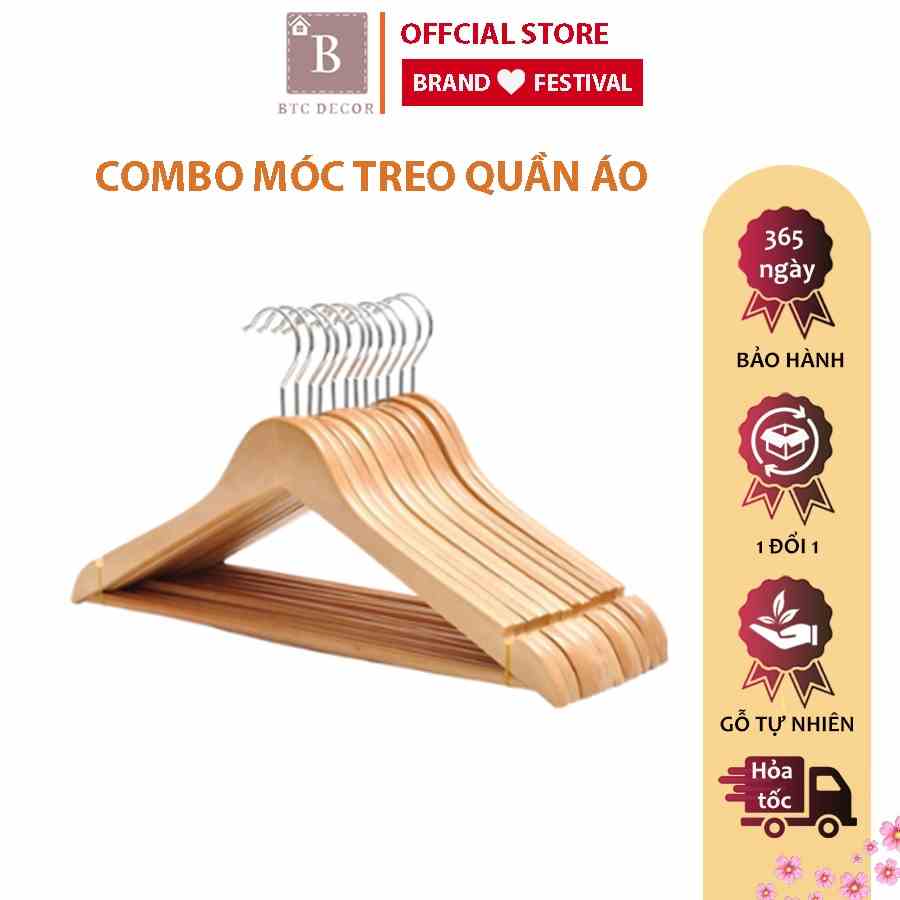 Combo Móc Gỗ Treo Quần Áo BTC DECOR - Gỗ Mịn, Chắc Chắn, Sang Trọng, Tiện Lợi - Lỗi 1 Đổi 1 Trong 7 Ngày Đầu