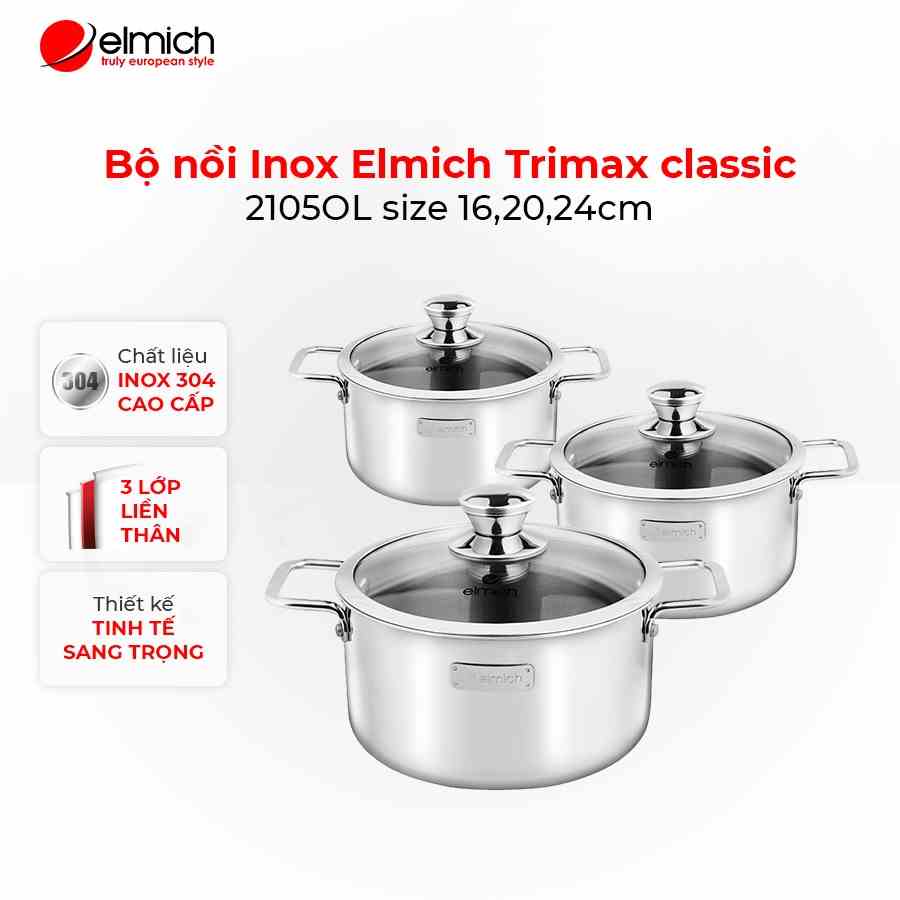 [LIFEMCMBP4 -12% đơn 250K] Bộ nồi Inox 3 lớp đáy liền Elmich Trimax classic 2105OL size 16,20,24cm