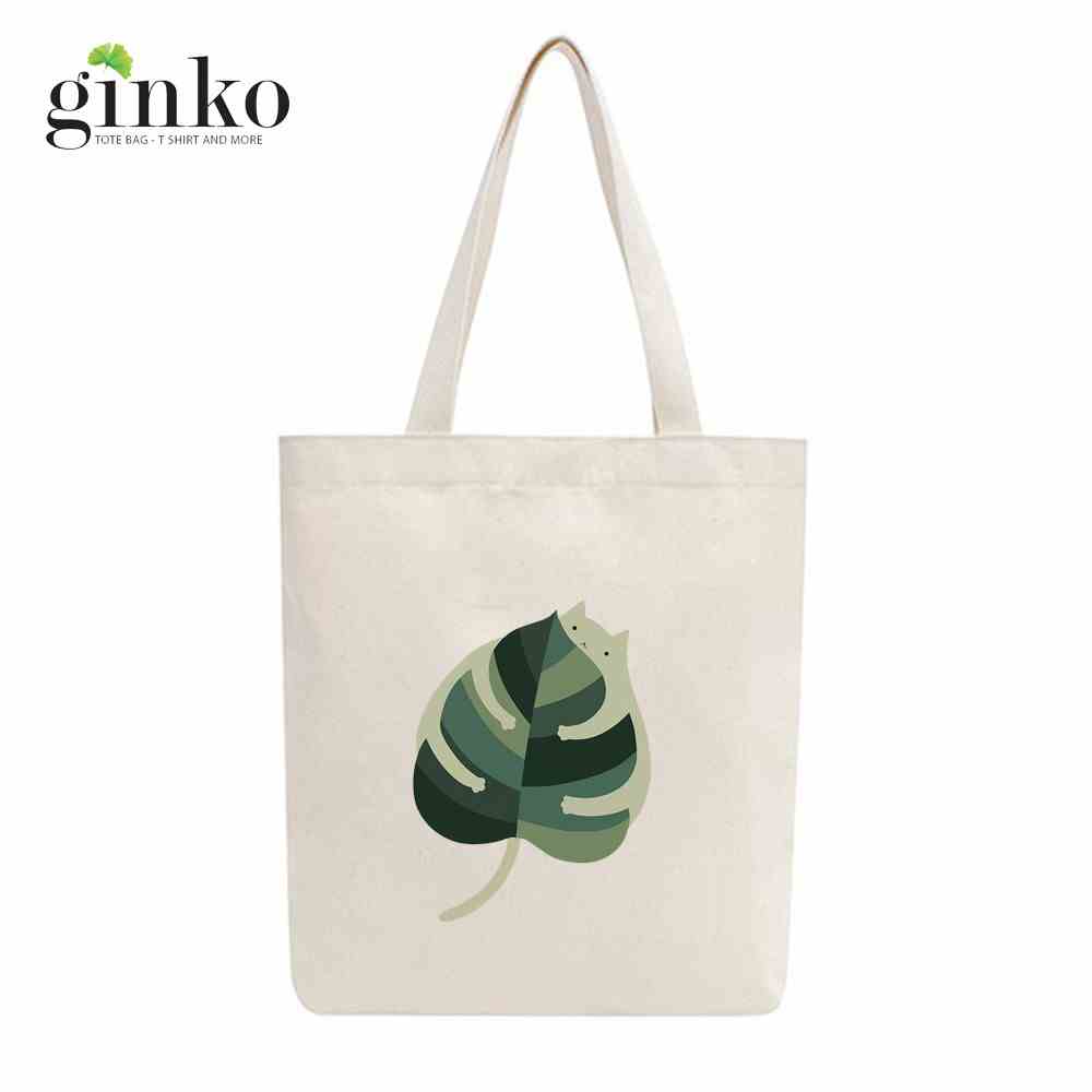 [Mã BMLTA35 giảm đến 35K đơn 99K] Túi Tote Vải Mộc GINKO Dây Kéo In Hình Cat With Leaf M08