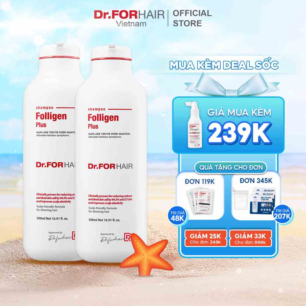 Bộ 2 chai dầu gội giảm rụng tóc và hỗ trợ mọc tóc Dr.FORHAIR Folligen Plus Shampoo 500ml/chai