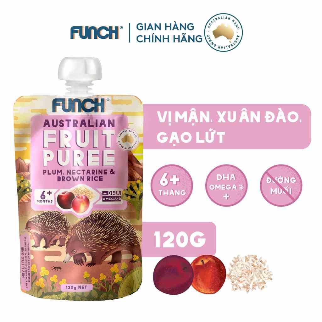 Trái Cây Nghiền Cho Bé ăn Dặm Mix Hạt Dinh Dưỡng FUNCH bổ sung DHA Vị Mận, Xuân Đào, Gạo Lứt 120g