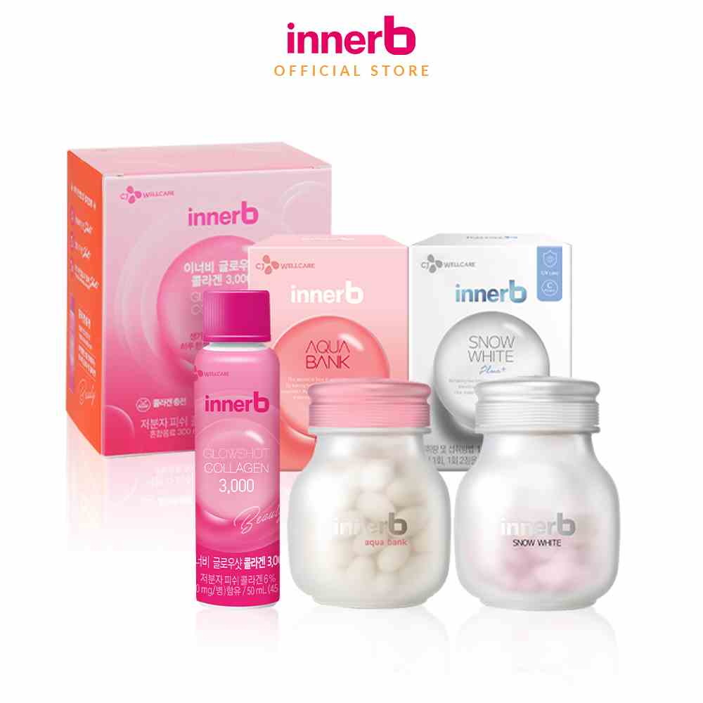 Combo 3 thực phẩm bảo vệ sức khỏe InnerB Aqua Bank + InnerB Snow White & Hộp 6 chai nước uống Collagen InnerB Glowshot