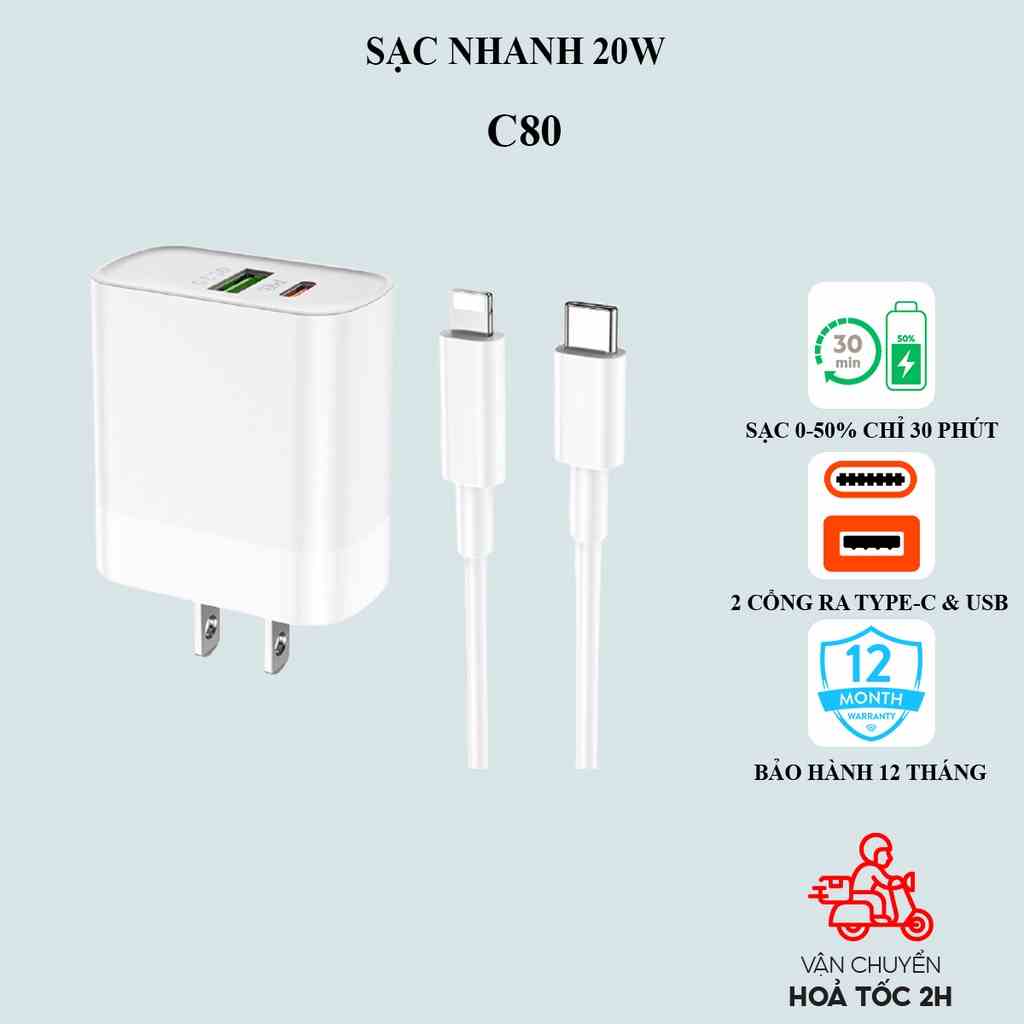 Bộ sạc nhanh iphone 20W Hoco 2 cổng sạc USB + TypeC chính hãng