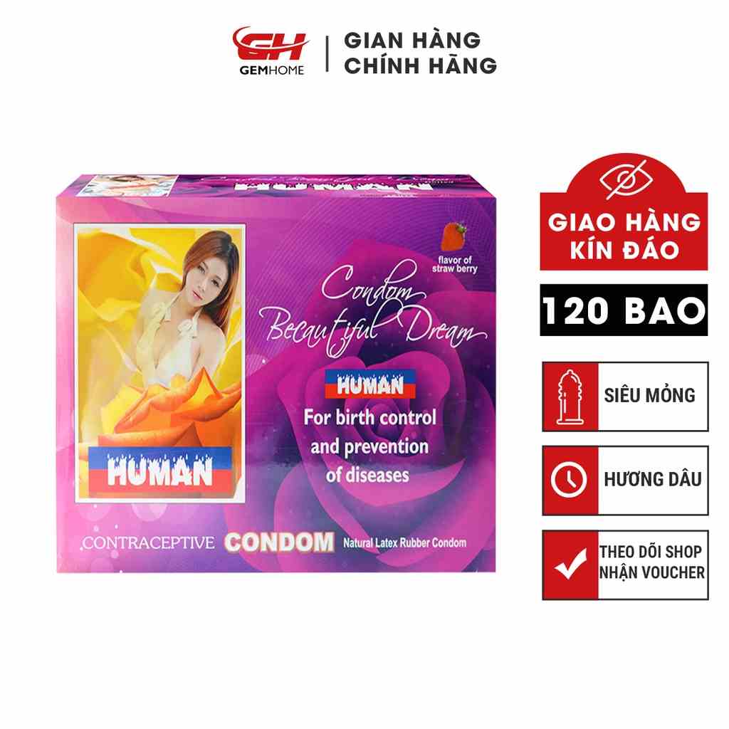 [Mã BMLTB35 giảm đến 35K đơn 99K] Bao cao su Human Hương dâu mỏng trơn hộp 120 bao GEMHOME