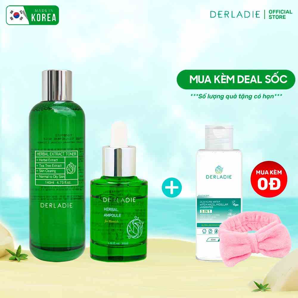 Bộ đôi Toner Tràm Trà 140ml, Siêu Tinh Chất Tràm Trà giảm mụn Derladie Herbal For Blemish 30ml