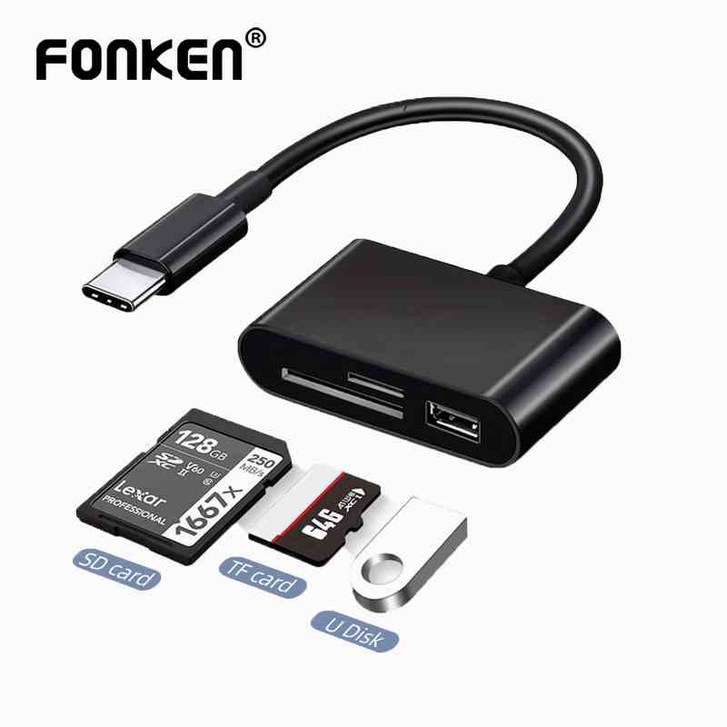 Đầu đọc thẻ kiêm dây cáp OTG FONKEN Type C / Micro USB sang SD / TF truyền dữ liệu 3 trong 1 cho điện thoại