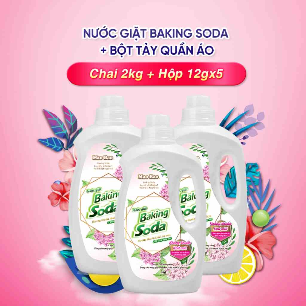 Combo 3 chai Nước giặt khử mùi Baking soda Mao Bao 2Kg cho da nhạy cảm, ít bọt dễ giặt xả, cho cửa trên và cửa trước