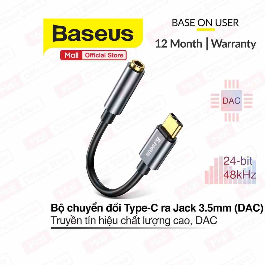 Bộ chuyển đổi Baseus L54 từ Type-C Male to 3.5mm truyền tín hiệu chất lượng cao 24bit 48kHz ( Xám )