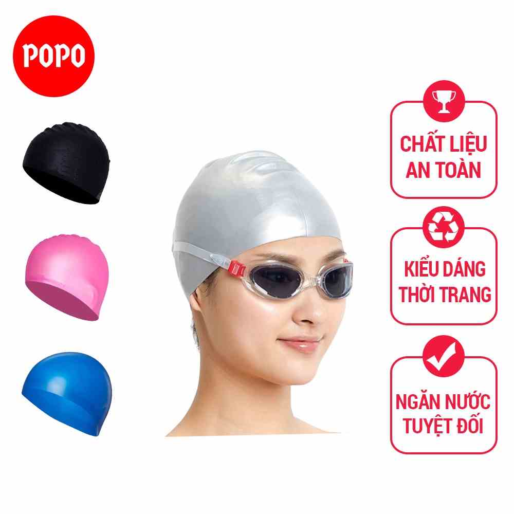 Mũ bơi người lớn trùm tai chính hãng POPO cho nam, nữ, trẻ em, cho bé trên 8 tuổi chất silicone an toàn